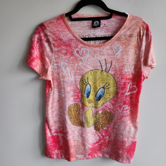 Looney Tunes Frogbox Tweety Bird Pink Peach Burnout T Shirt Graphic Shirt Size L - Picture 2 of 13